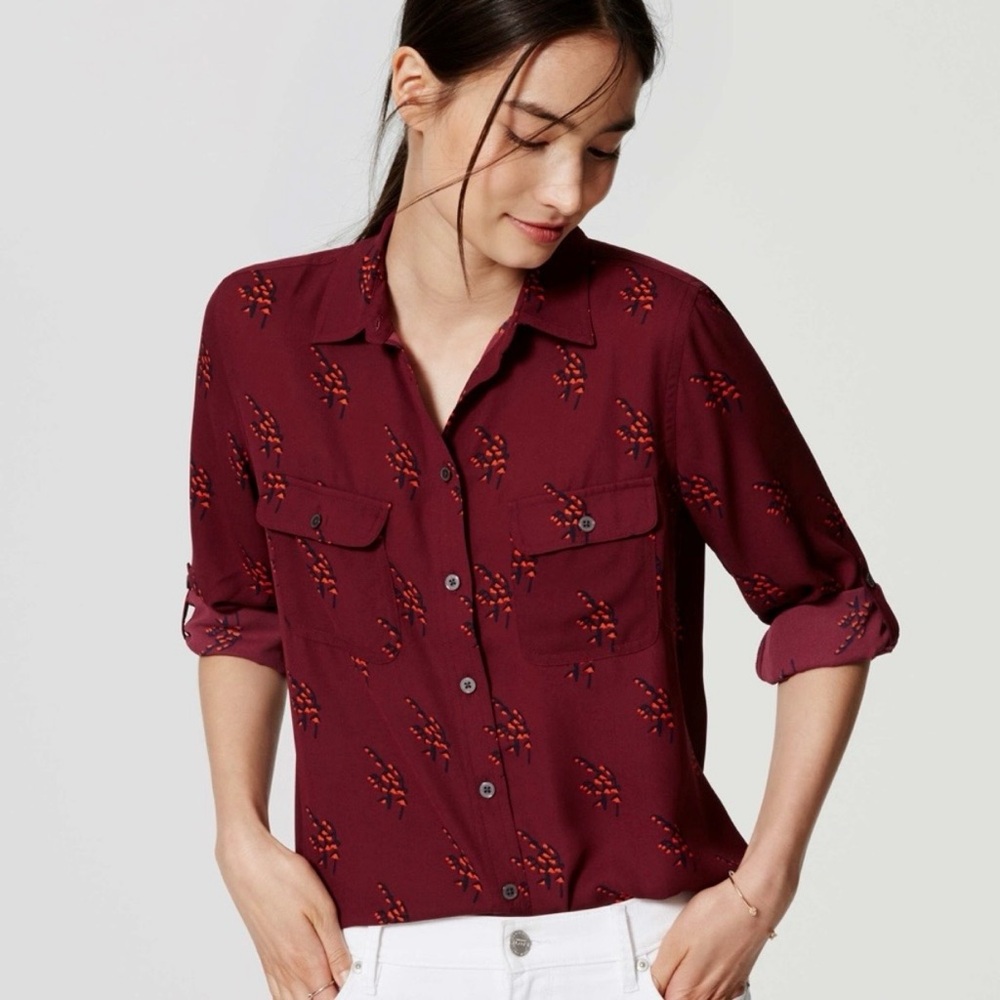NWT LOFT Maroon & Orange Floral Button-Down Shirt - XS - Picture 1 of 8